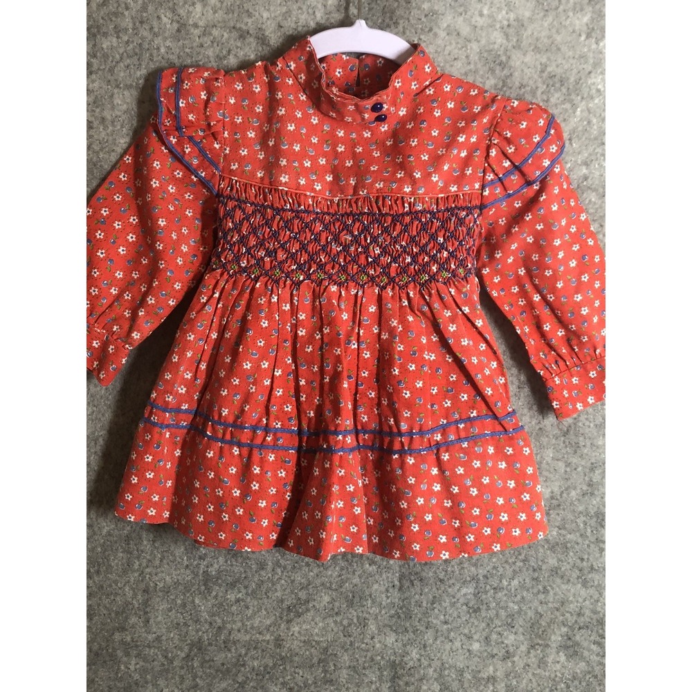 Vintage Polly Flinders Dress 2T Red Floral Hand Smocked Tie Back Classic
